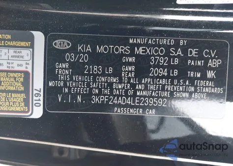 2020 Kia Forte Lxs z USA, uszkodzony, nr VIN 3KPF24AD4LE239592